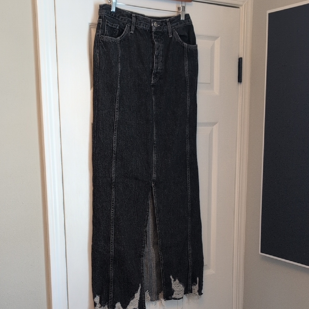 Topshop Black Distressed Denim Skirt